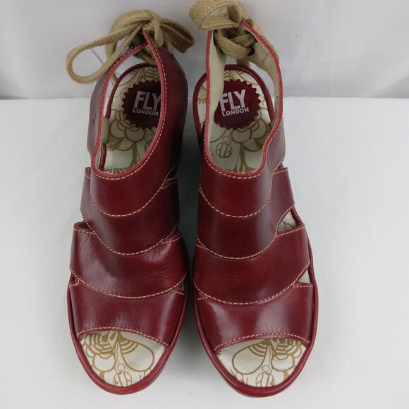 Fly London YOWN Dark Red Wedge Peep Toe Sandals Lace Up  Womens Size 38 US 7.5 8 - Picture 4 of 16